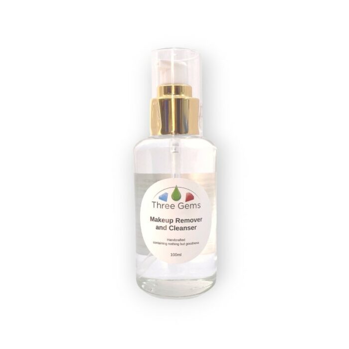 Three Gems Natural Skincare coconut makeup remover and cleanser in a quality 100ml glass pump bottle.