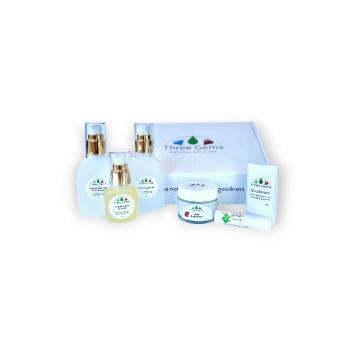 Three Gems Natural Skincare boxed set for travel and young or acne-prone skin. Containing Makeup Remover and Cleanser, Witch Hazel Toner, Frankincense Face Oil, Natural Deodorant, Body Butter, and Lip Balm. 6 products with a fabric zip bag.