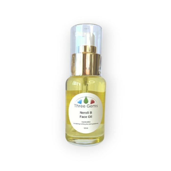 Three Gems Natural Skincare organic neroli b face oil made in New Zealand for mature skin. Full size 50ml quality pump bottle.