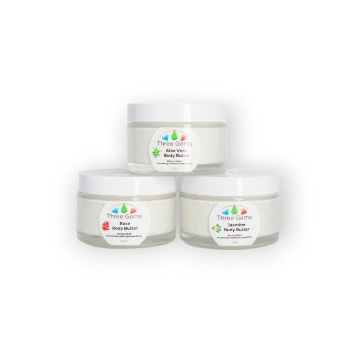 Three Gems Natural Skincare organic shea body butter made in New Zealand. Aloe Vera, Jasmine, Rose in 200ml jar.