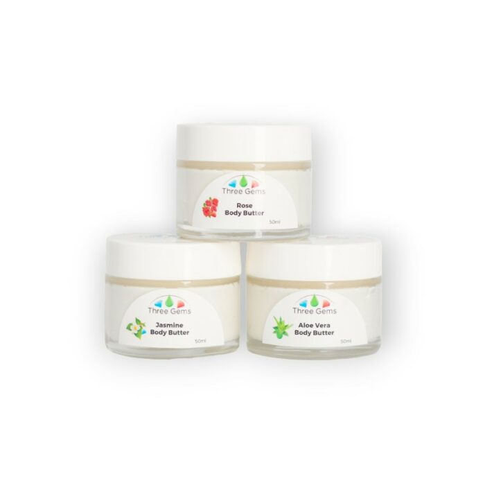 Three Gems Natural Skincare organic shea body butter made in New Zealand. Aloe Vera, Jasmine, Rose in 50ml jar.