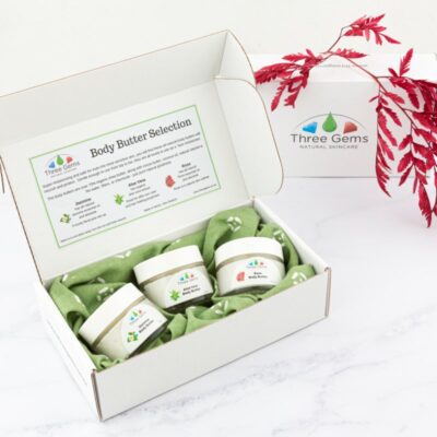 A Boxed Set Of 3 Of The Three Gems Natural Body Butters, Aloe Vera, Jasmine, And Rose