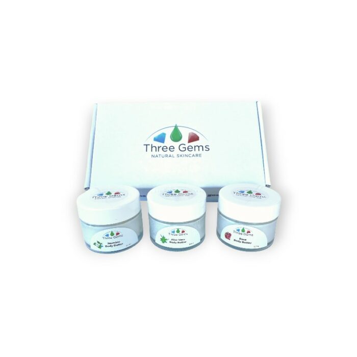 Three Gems boxed set of three body butters Aloe Vera, Jasmine, and Rose. Made in NZ for sensitive skin.