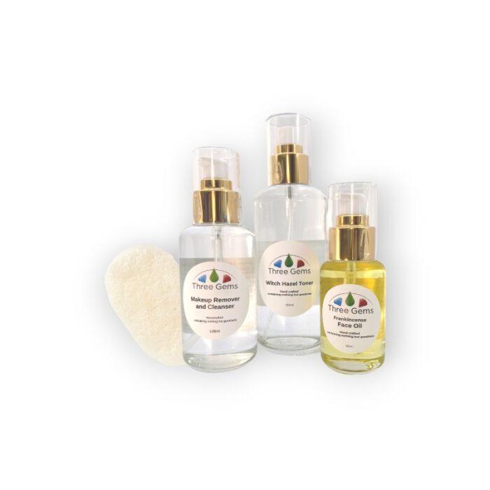 Three Gems Natural Skincare set containing Makeup Remover and Cleanser, Witch Hazel Toner, Frankincense Face Oil and Konjac Sponge