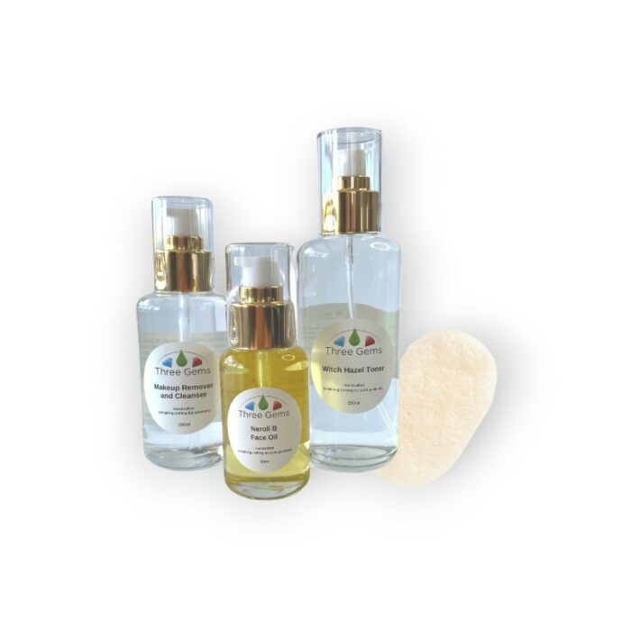 Three Gems Natural Skincare set containing Makeup Remover and Cleanser, Witch Hazel Toner, Neroli B Face Oil and Konjac Sponge