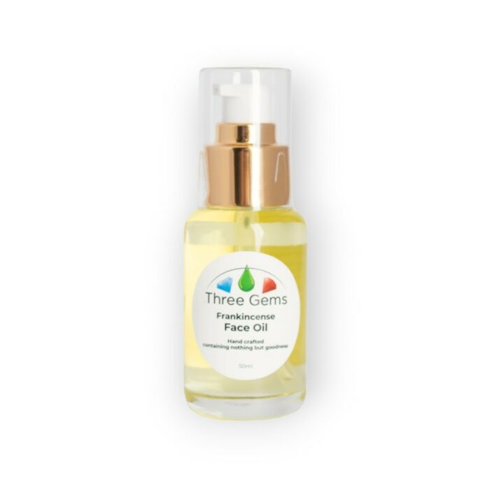 Three Gems Natural Skincare organic frankincense face oil made in New Zealand for acne skin. Full size 50ml quality pump bottle.