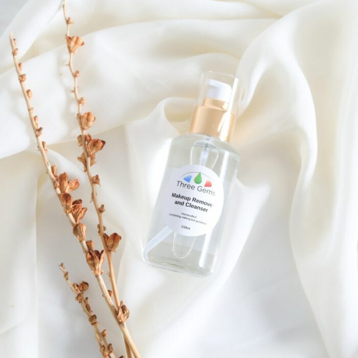 The Three Gems natural Makeup Remover and Cleanser on white fabric