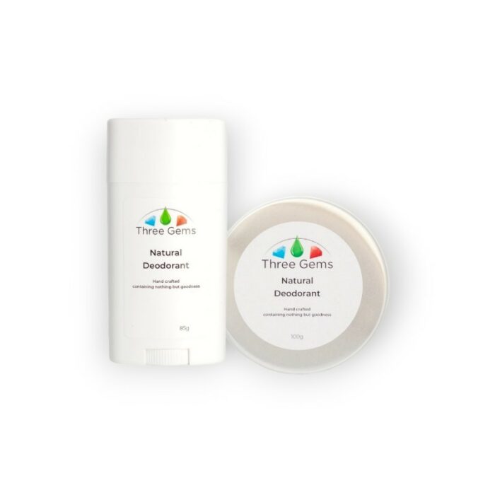 Three Gems Natural Skincare best natural deodorant made in New Zealand. 85g tube and 100g tin.