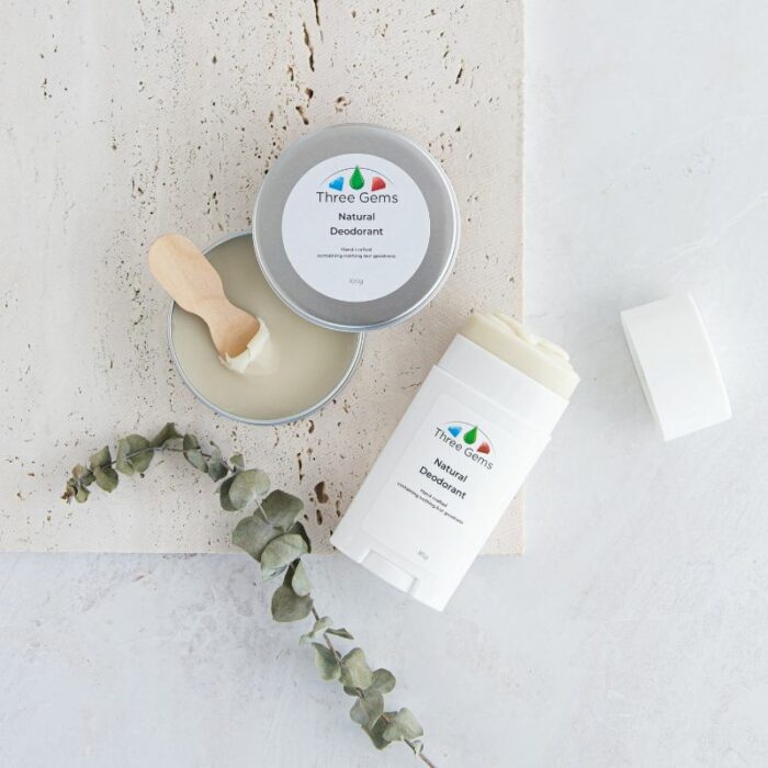 Three Gems Natural Deodorant tub and tin open showing the product