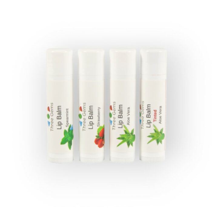 Three Gems Natural Skincare conditioning lip balms in aloe vera, strawberry, spearmint, and tinted. 5g tube.