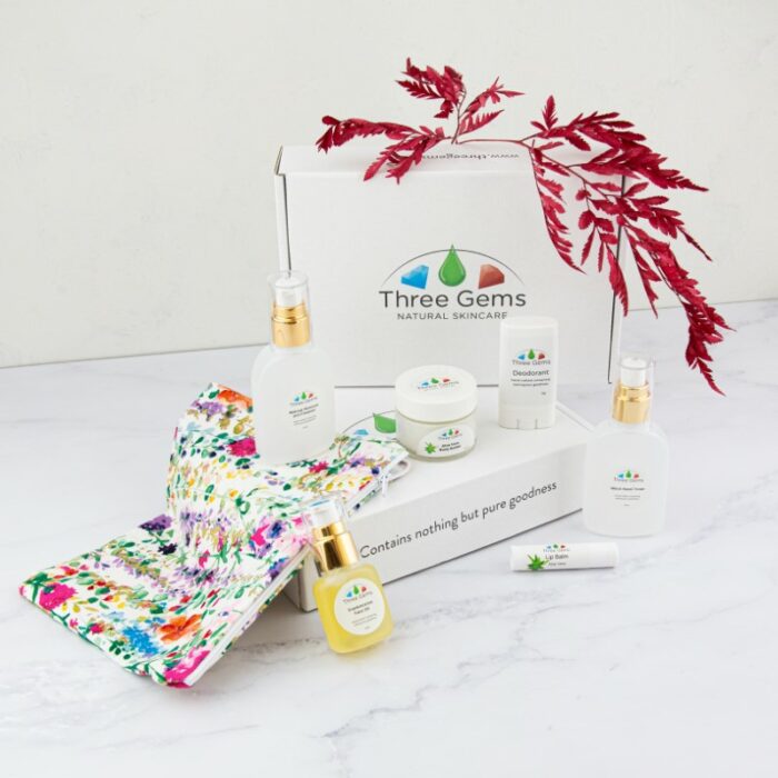 A boxed set of 6 of the Three Gems Natural Skincare products