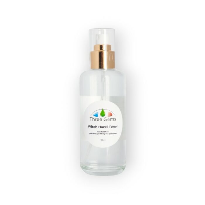 Three Gems Natural Skincare organic witch hazel toner in a quality 150ml glass pump bottle.